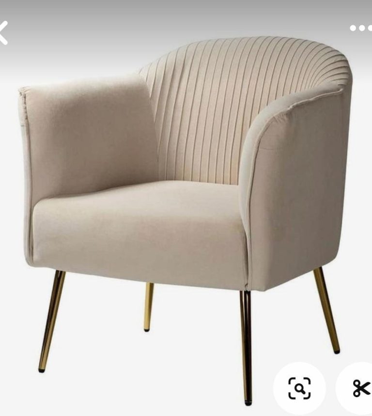 Beige Fluted-Back Lounge Armchair with Gold-Tone Legs