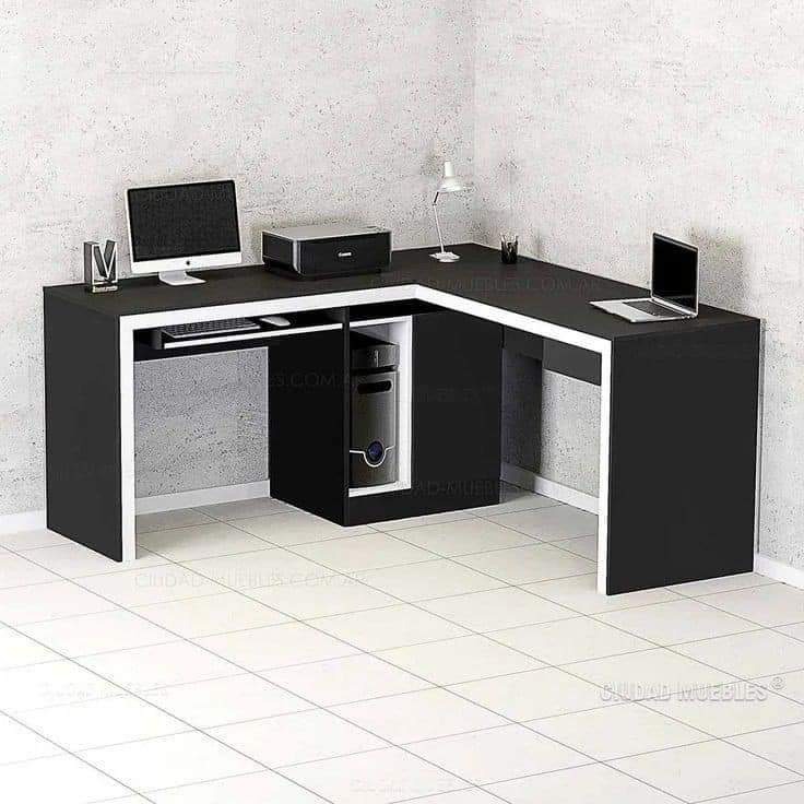 Black-and-White Corner Computer Desk with CPU Shelf