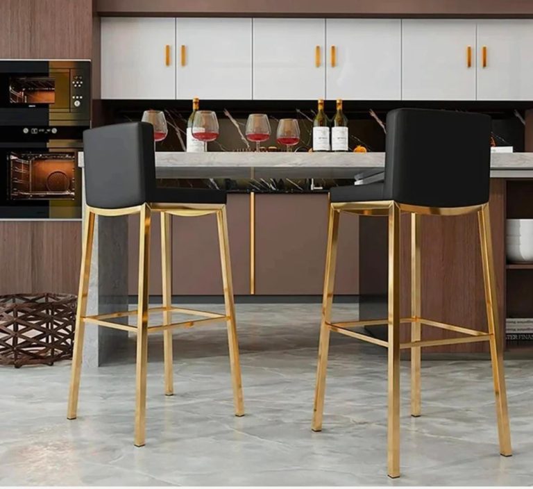 Black High-Back Bar Stool with Gold-Tone Frame