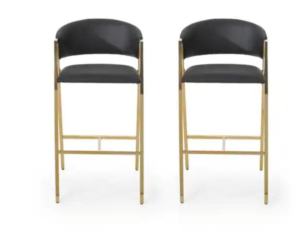Black Open-Back Bar Stool with Gold-Tone Legs