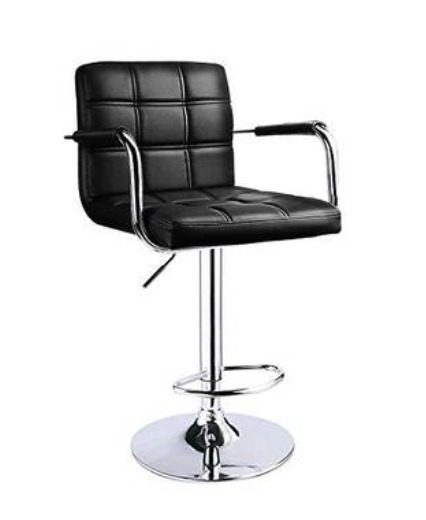 Black Square-Stitched Bar Armstool with Chrome-Style Pedestal