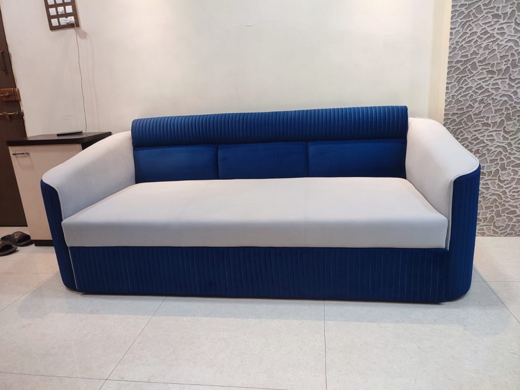 Blue-and-Ivory Loveseat with Ribbed Base