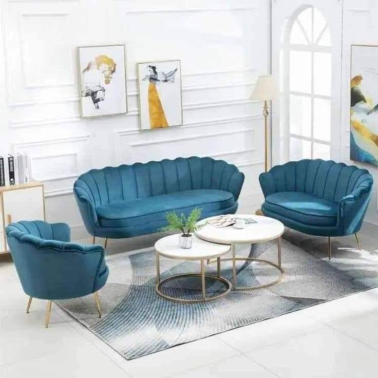 Blue Scalloped Sofa and Lounge Chair Set