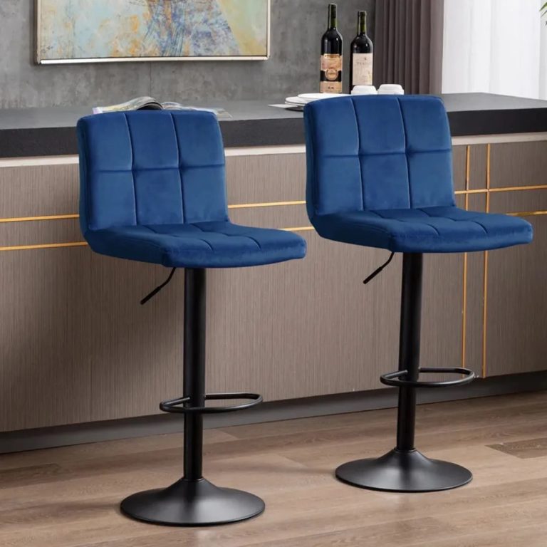 Blue Square-Stitched Bar Stool with Black Pedestal