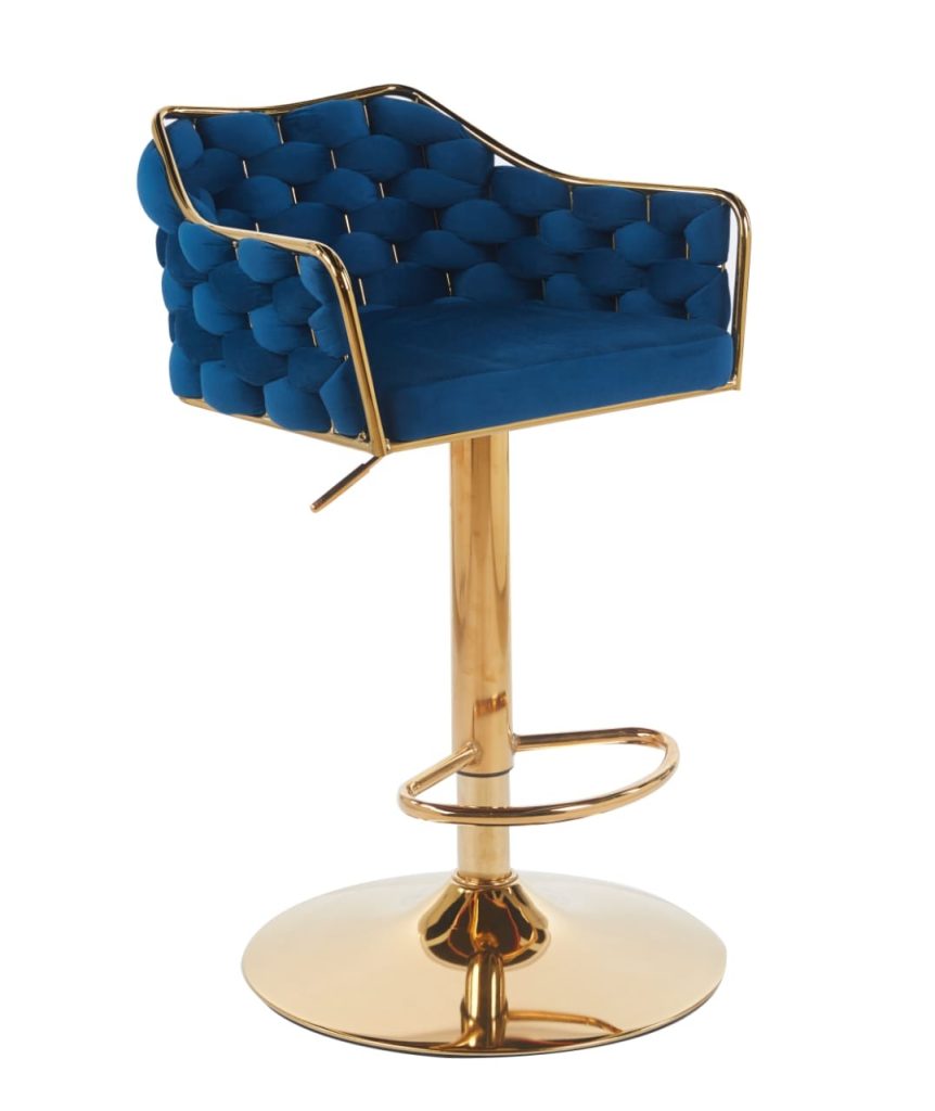 Blue Tufted Bar Armstool with Gold-Tone Pedestal