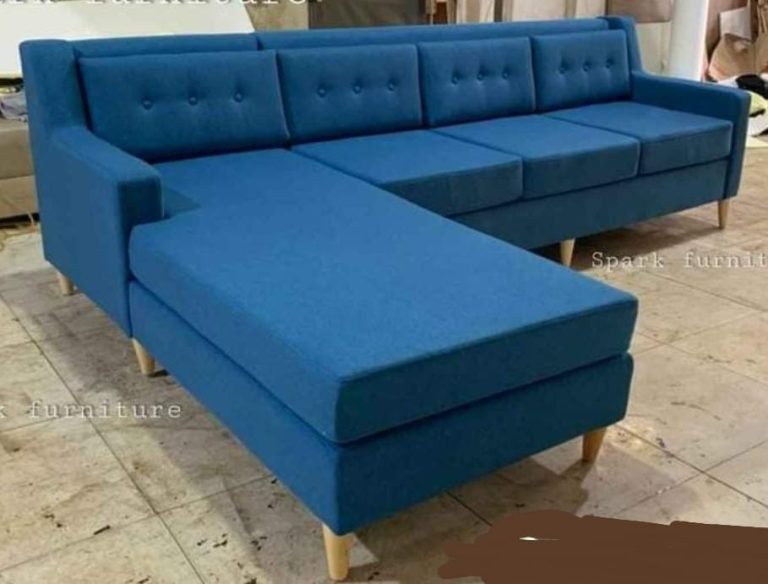 Blue Tufted L-Shaped Sofa with Wide Chaise