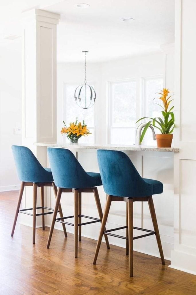 Blue Upholstered Counter Stool with Wooden Legs