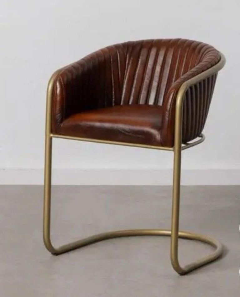 Brown Channel-Back Counter Armstool with Gold-Tone Sled Base