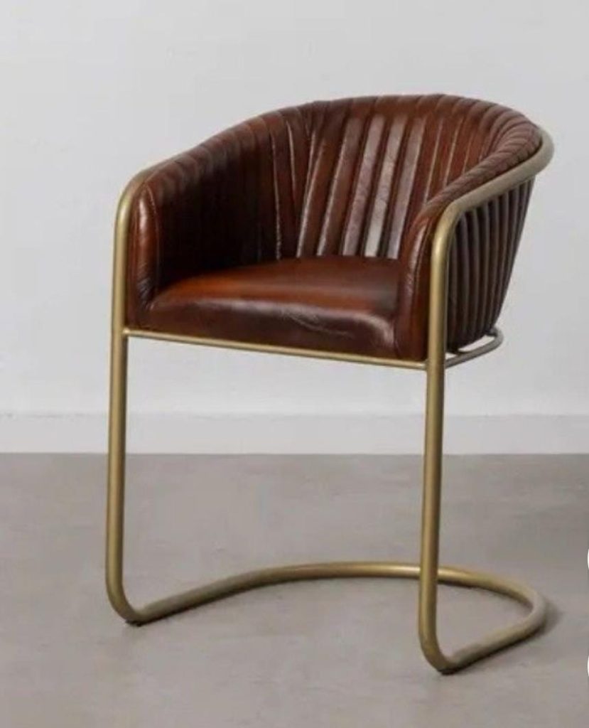 Brown Channel-Back Counter Armstool with Gold-Tone Sled Base
