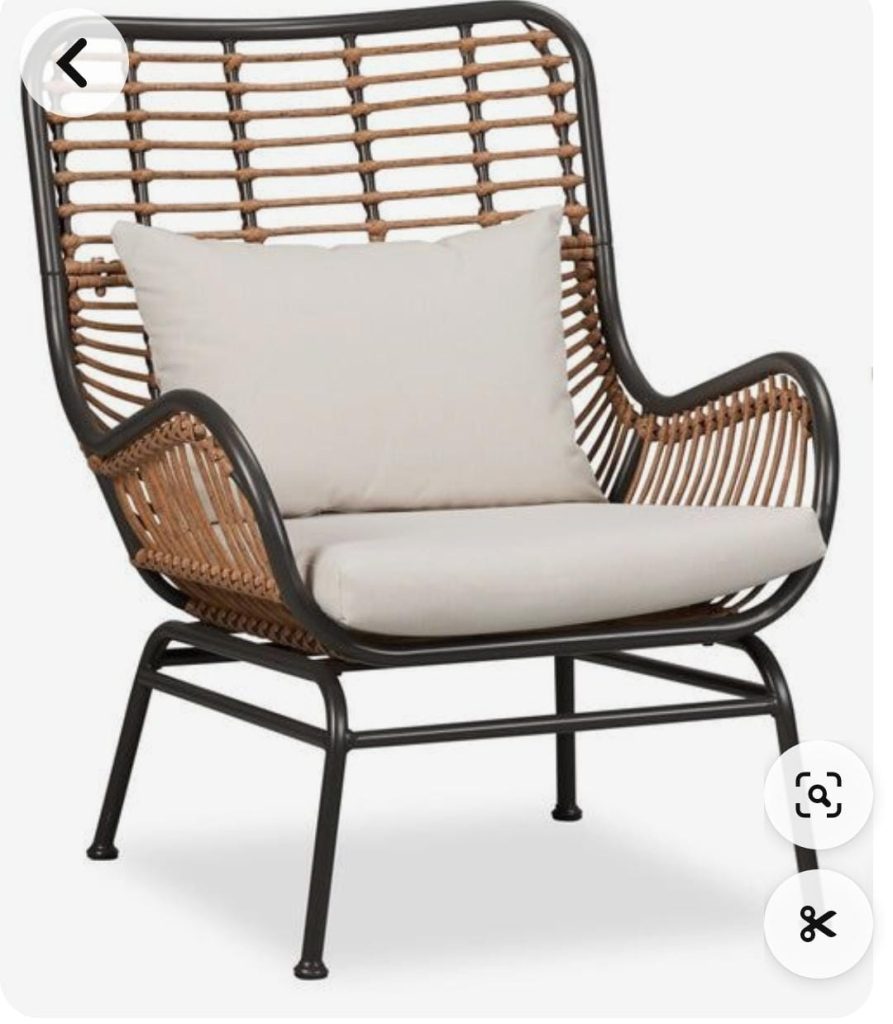 Brown Open-Weave High-Back Lounge Chair with Ivory Cushions