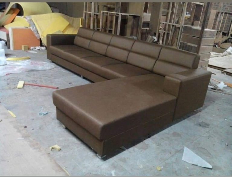 Brown Panel-Back L-Shaped Sofa with Chaise