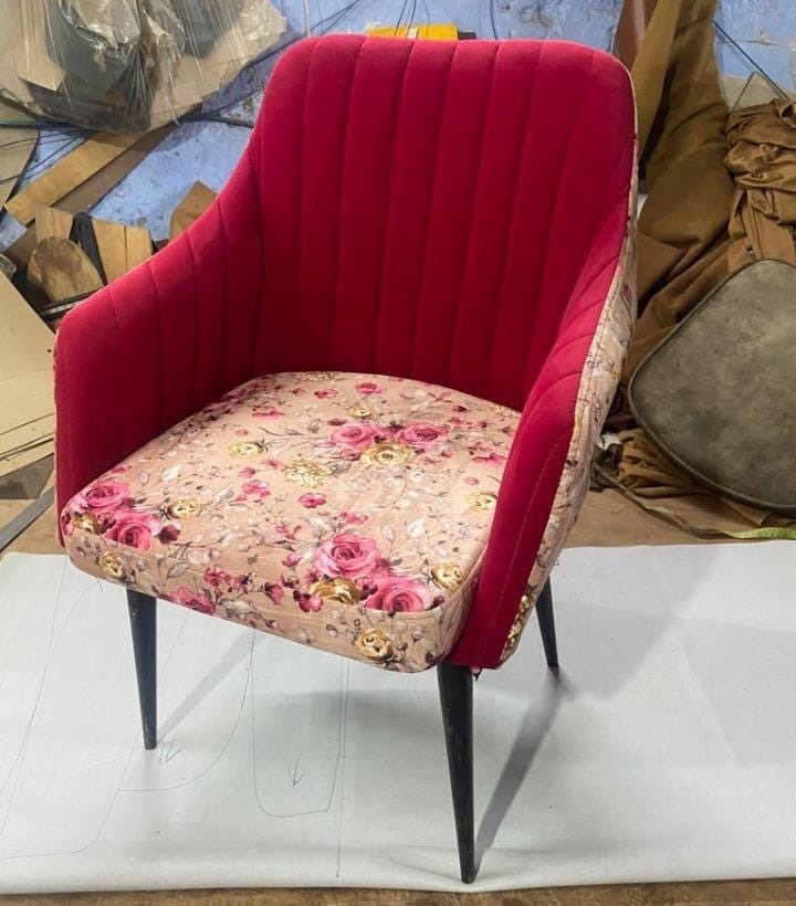 Burgundy Fluted-Back Lounge Chair with Floral Seat