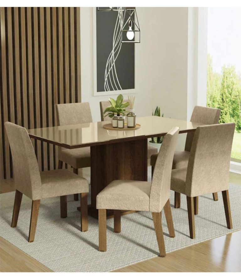 Dark Dining Table with Beige Upholstered Chair Set