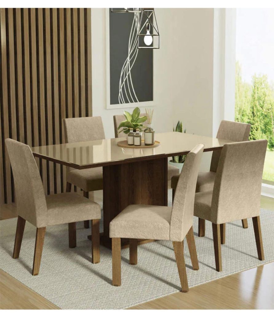 Dark Dining Table with Beige Upholstered Chair Set