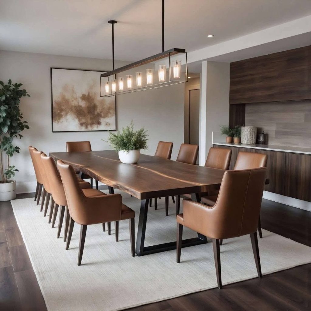 Dark Dining Table with Cognac Chair Set