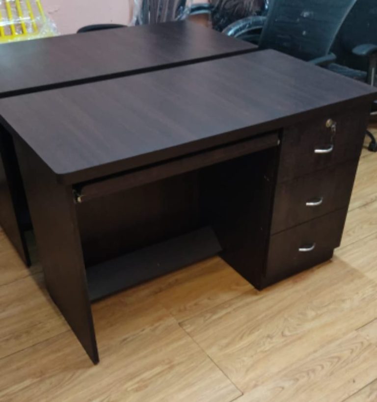 Dark Office Desk with Keyboard Shelf and Lockable-Style Drawers