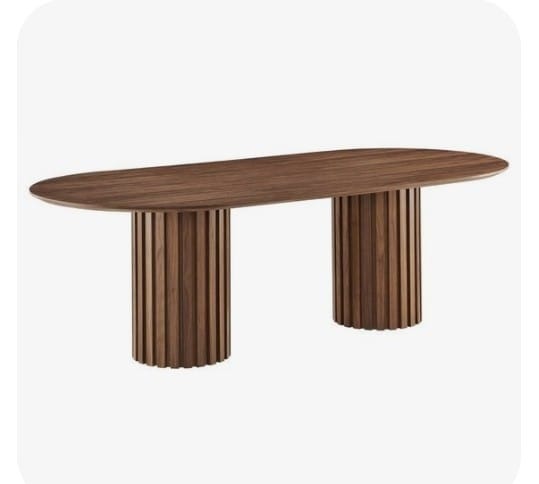 Dark Wood-Tone Oval Dining Table with Fluted Pedestals