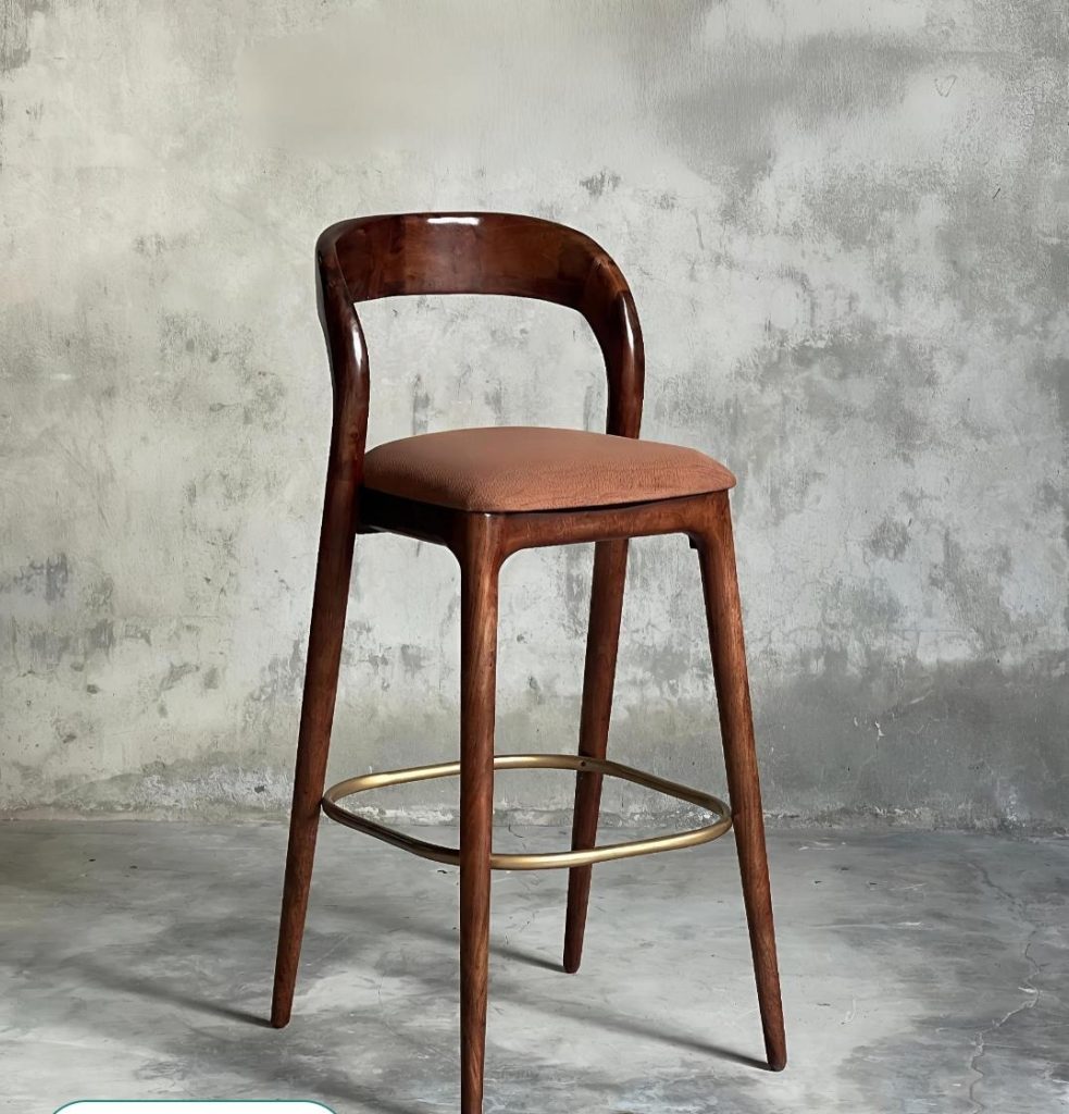 Dark Wooden Curved-Back Counter Stool with Brown Seat