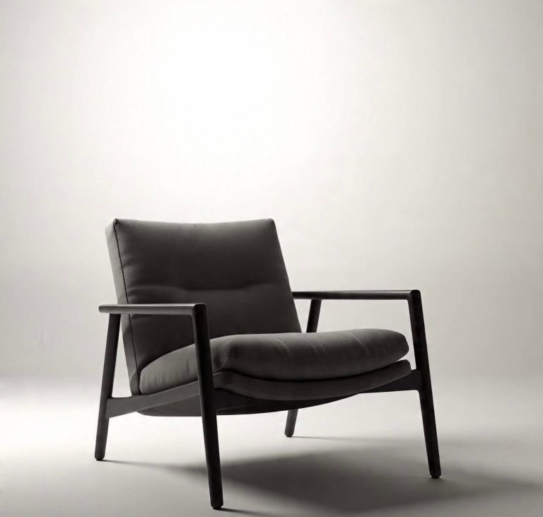 Dark Wooden Lounge Chair with Black Cushions