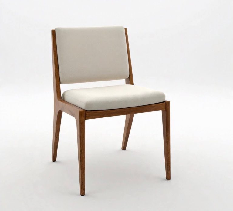 Dark Wooden Straight-Back Dining Chair with Ivory Upholstery