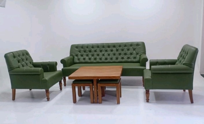 Green Button-Tufted Wooden-Frame Sofa and Armchair Set