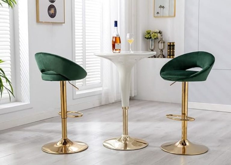 Green Open-Back Bar Stool with Gold-Tone Pedestal