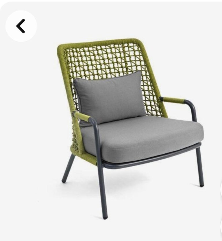 Green Open-Weave Lounge Armchair with Grey Cushions