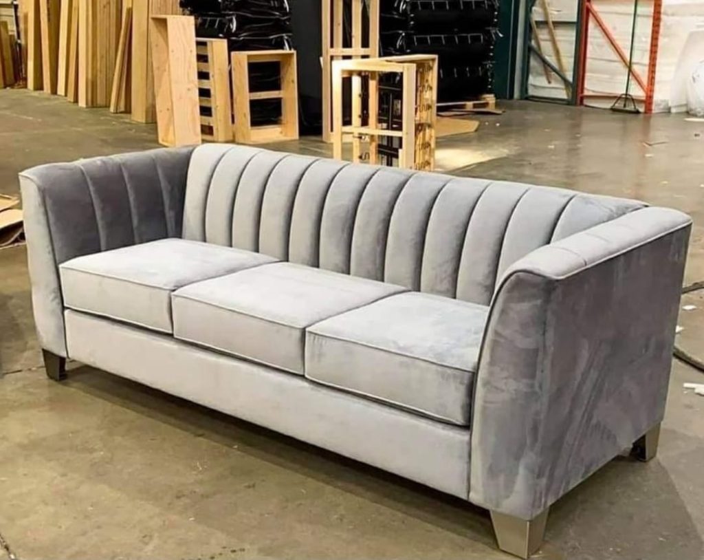 Grey Channel-Back Sofa with Angular Arms