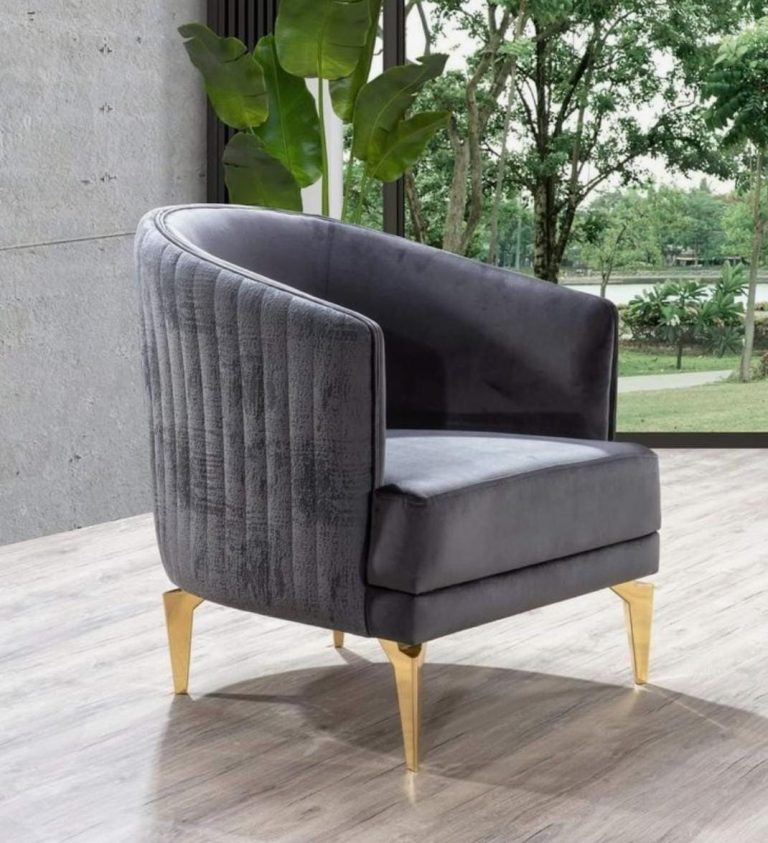 Grey Channel-Side Lounge Armchair with Gold-Tone Legs
