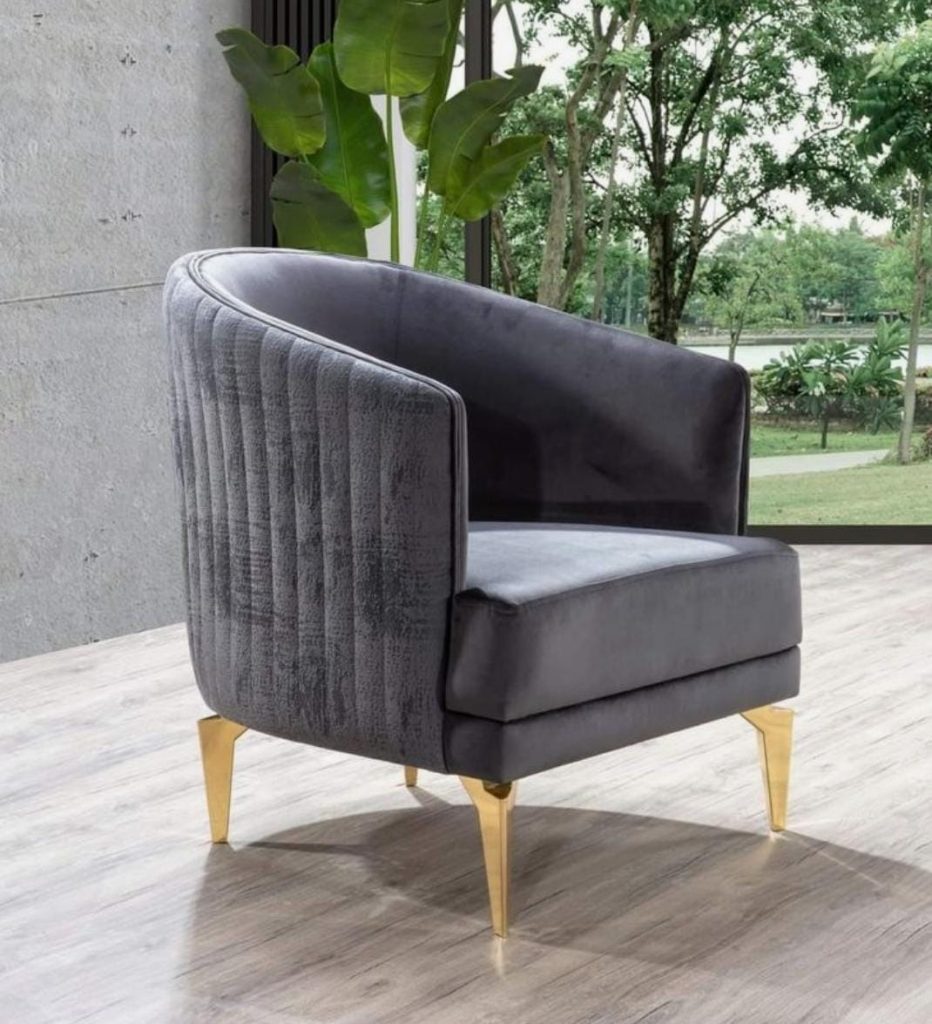 Grey Channel-Side Lounge Armchair with Gold-Tone Legs