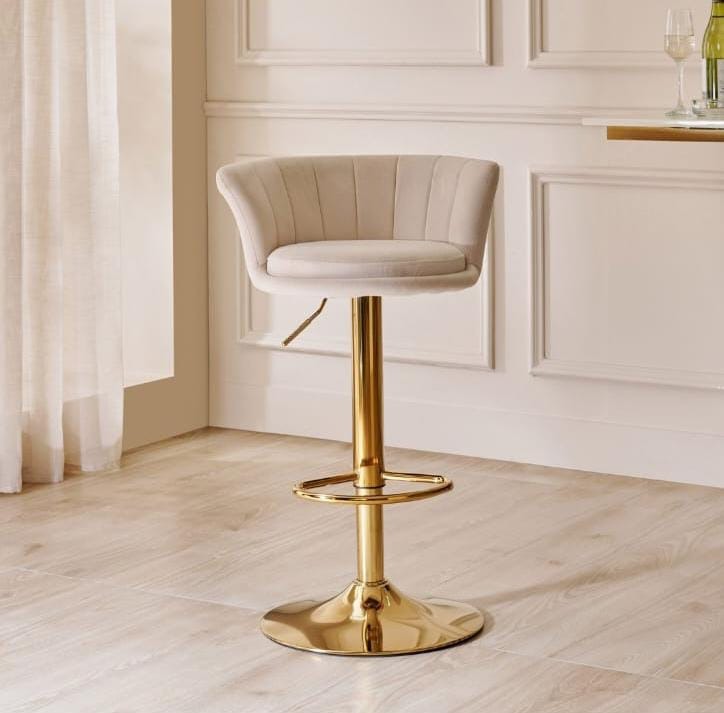 Ivory Channel-Back Bar Stool with Gold-Tone Pedestal