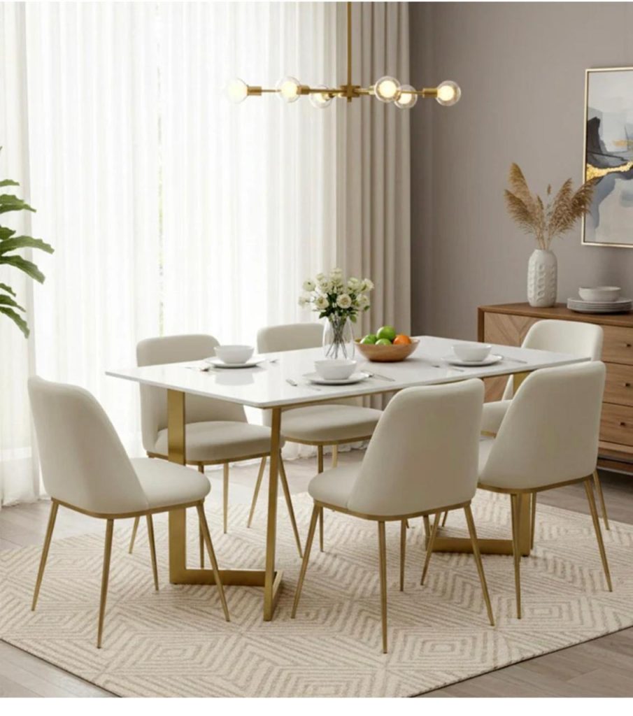 Ivory Dining Table and Upholstered Chair Set