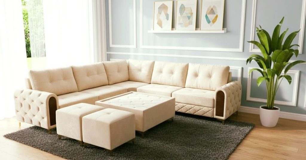 Ivory Tufted L-Shaped Sofa with Ottoman
