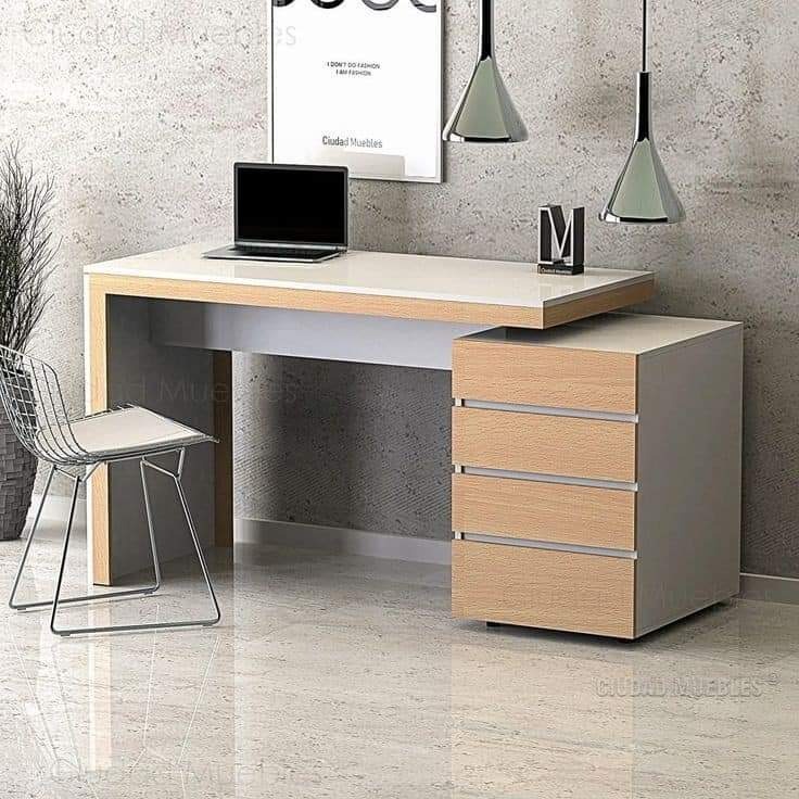Light Wood-Tone Office Desk with Grey Drawer Pedestal