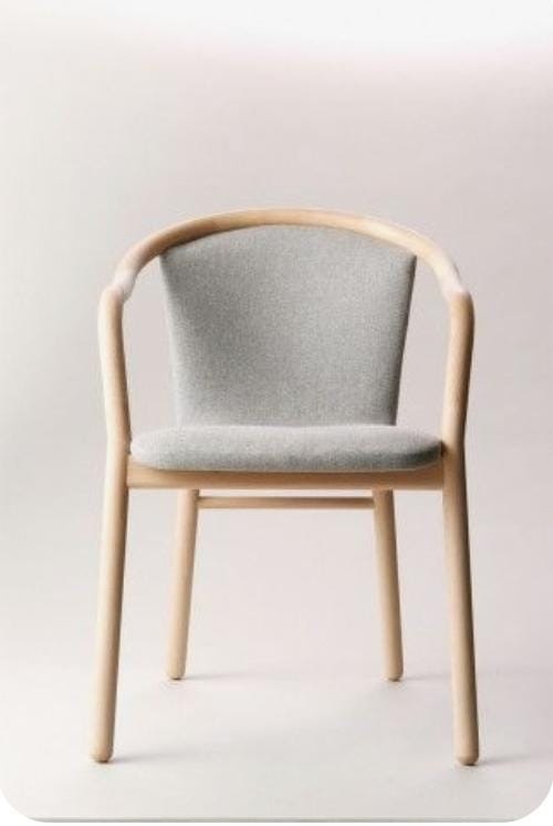 Light Wooden Curved-Back Lounge Chair with Grey Upholstery