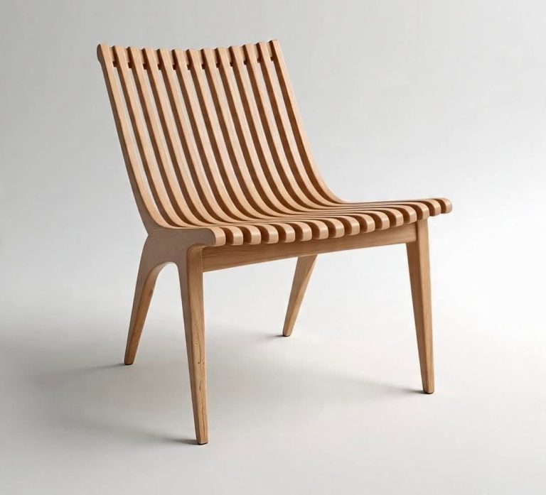 Light Wooden Slatted Low Lounge Chair