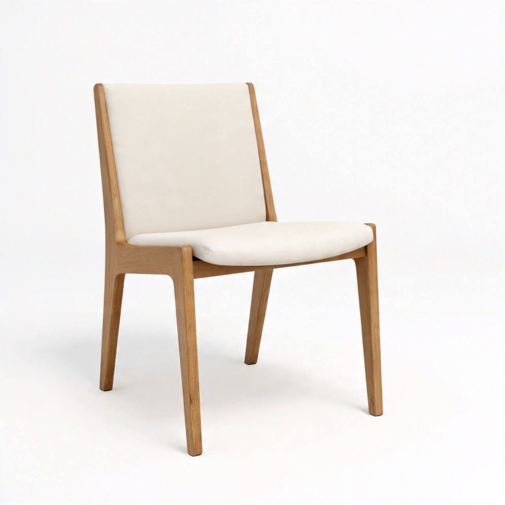Light Wooden Straight-Back Dining Chair with Ivory Upholstery