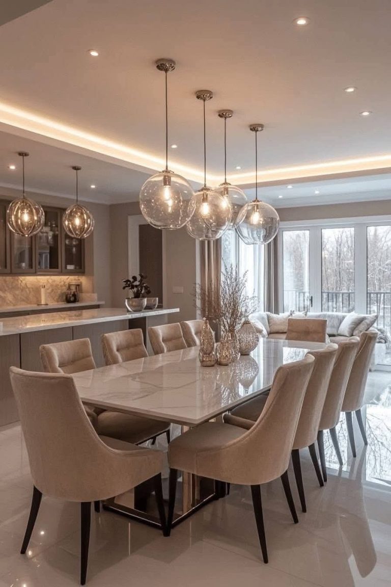 Long Light-Top Dining Table with Beige Chair Set