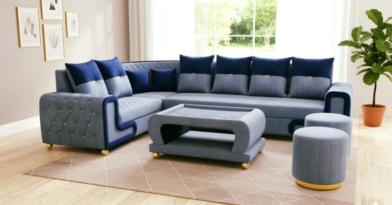 Navy L-Shaped Sofa with Coordinating Ottoman Collection