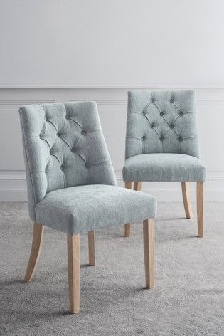 Pale Blue Button-Tufted Dining Chair with Wooden Legs