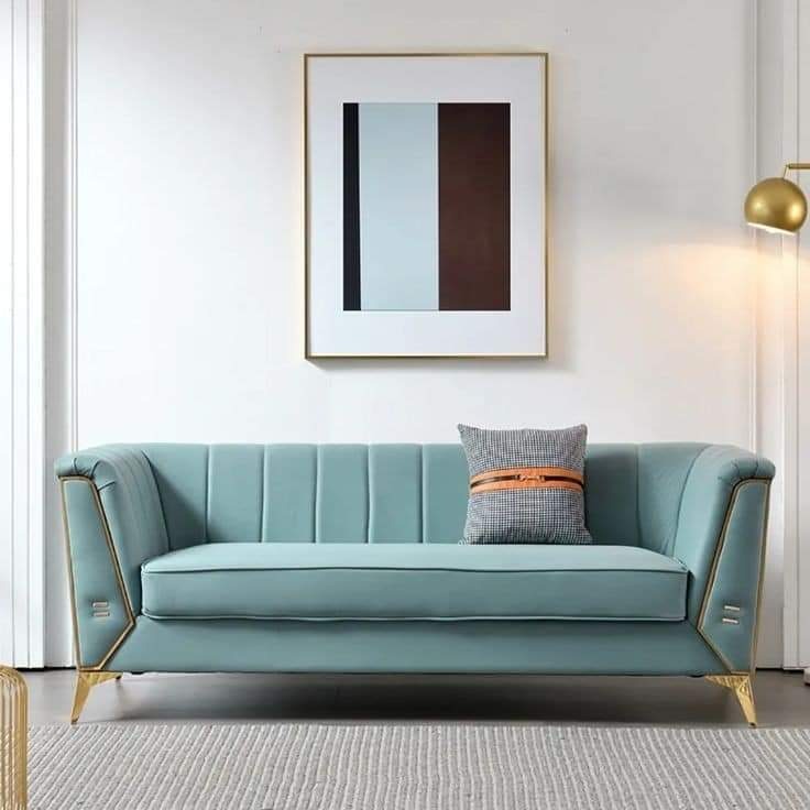 Pale Teal Channel-Back Sofa with Gold-Tone Frame