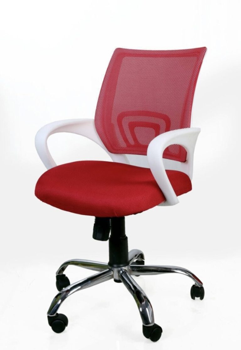 Red Mesh Office Chair with White Armrests