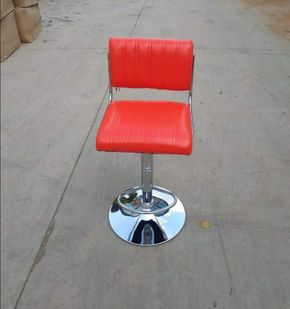 Red Ribbed Bar Stool with Chrome-Style Pedestal