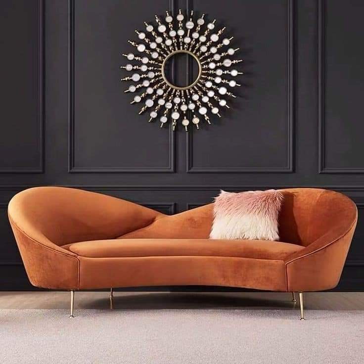 Rust Sculpted Curved Sofa with Gold-Tone Legs