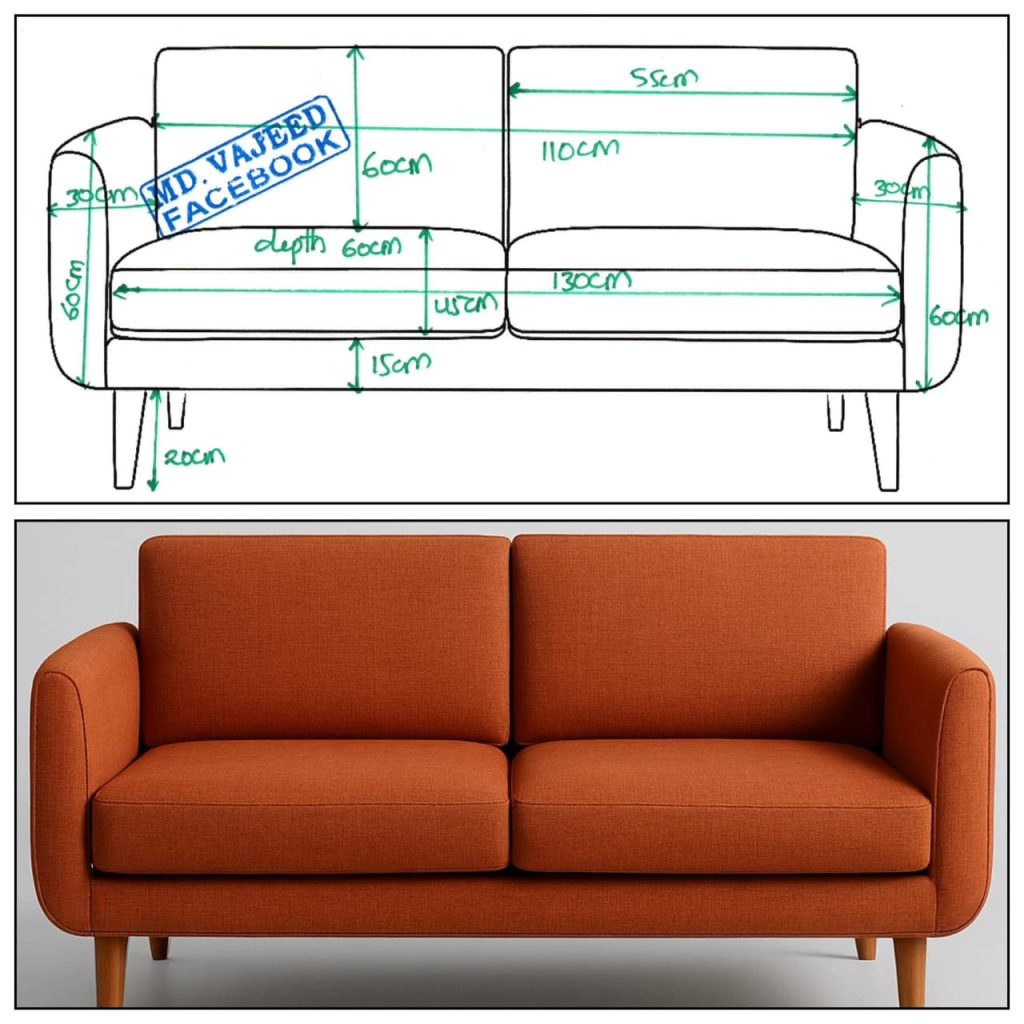 Rust Two-Seat Sofa with Rounded Arms