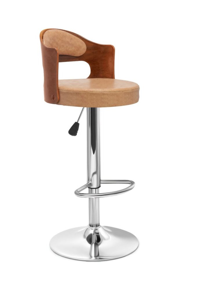 Tan Sculpted-Back Bar Stool with Chrome-Style Pedestal