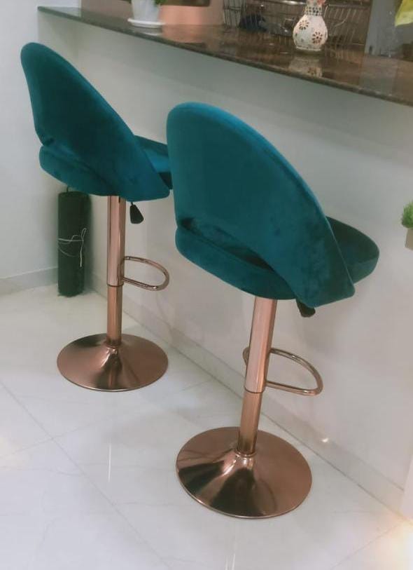 Teal Curved-Back Bar Stool with Rose-Gold-Tone Pedestal