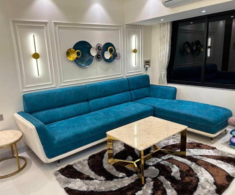 Teal L-Shaped Sofa with Slim Gold-Tone Frame