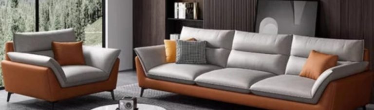 Two-Tone Grey and Tan Sofa and Armchair Set