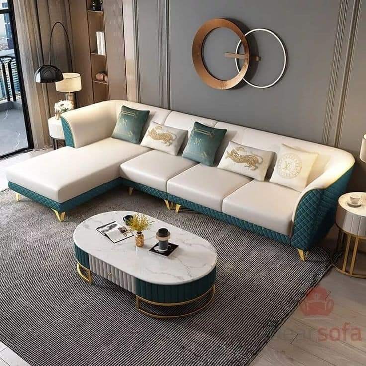 White and Teal L-Shaped Upholstered Sofa
